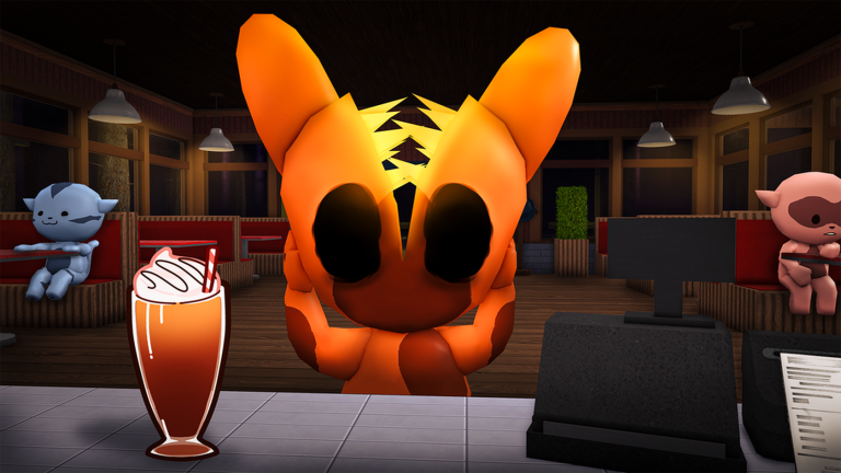Official Anomaly Cafe image of a suspicious orange customer at the register